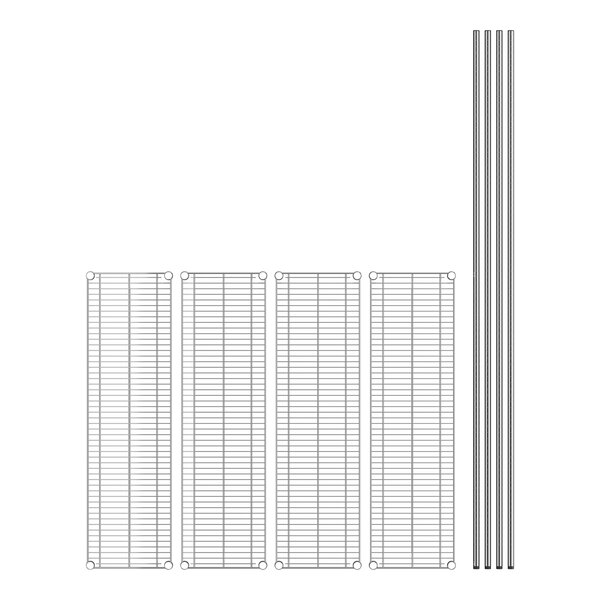 A white line drawing of a Regency stainless steel wire rack with four shelves.