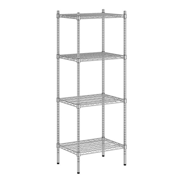 A wireframe of a Regency stainless steel wire shelving kit with four shelves.