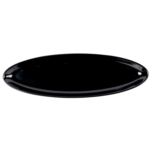 A black oval shaped melamine platter.