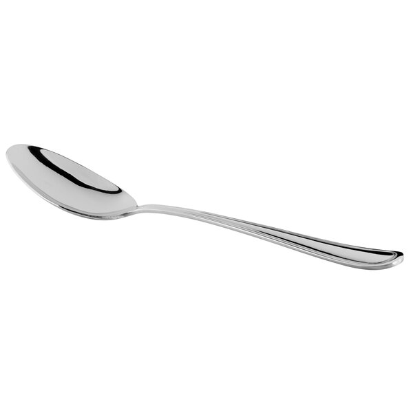 A close-up of a Libbey stainless steel dessert spoon with a silver handle.
