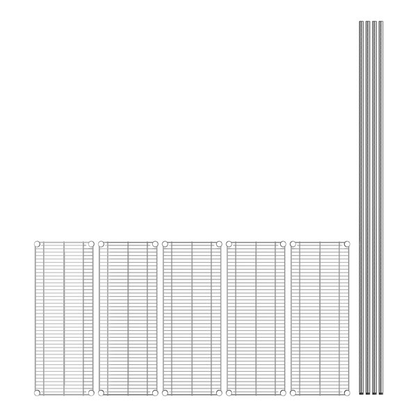 A row of Regency stainless steel wire mesh shelves with metal bars.