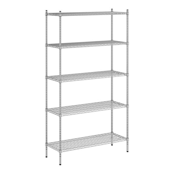 A wireframe of a Regency stainless steel wire shelving unit with four shelves.