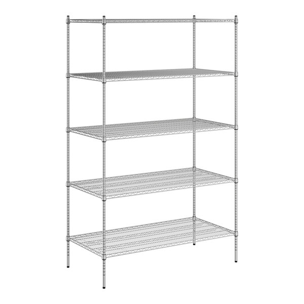 A chrome wire shelving unit with five shelves.