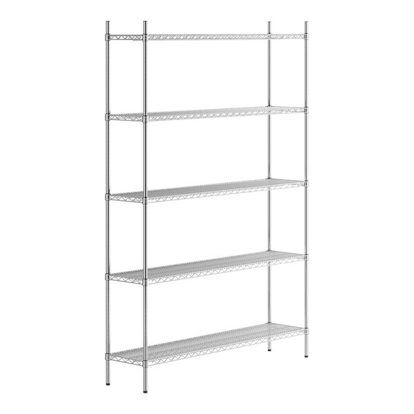 A Regency stainless steel wire shelving unit with five shelves.