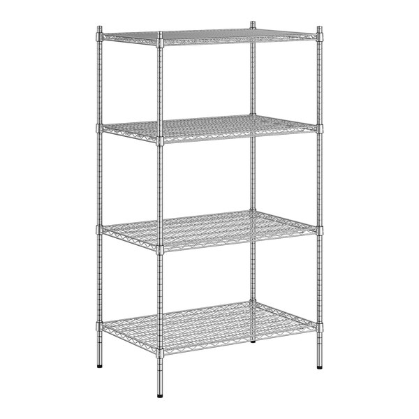 A wireframe of a Regency stainless steel wire shelving unit with four shelves.