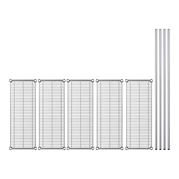 A row of Regency stainless steel wire shelves with metal rods and metal racks.