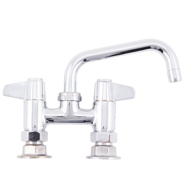 A chrome Equip by T&S deck-mounted faucet with lever handles and a swing spout.