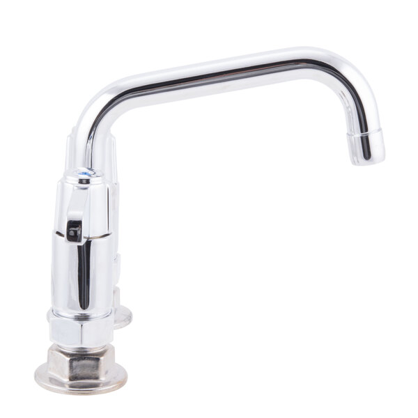 A chrome Equip by T&S deck-mounted faucet with lever handles and a swing spout.