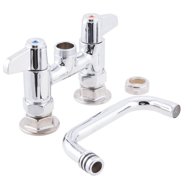 A chrome Equip by T&S deck-mounted faucet with 4" adjustable centers, 6 1/8" swing spout, and lever handles.