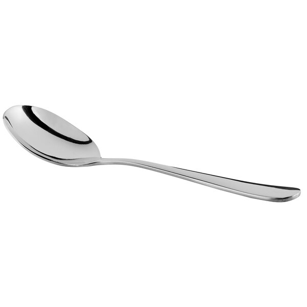 A Libbey Windsor Grandeur stainless steel bouillon spoon with a silver handle and a silver spoon.
