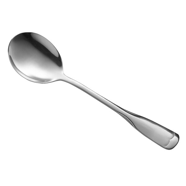 A Libbey stainless steel bouillon spoon with a silver handle.