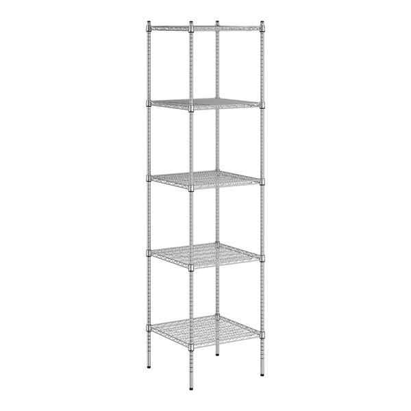 A chrome wire shelving unit with four shelves.