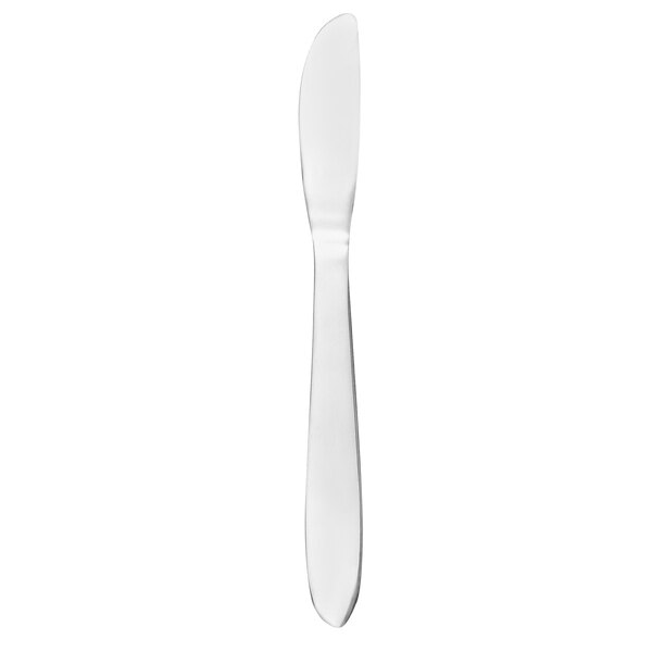 A white rectangular object with a black border holding 12 Libbey stainless steel dinner knives.