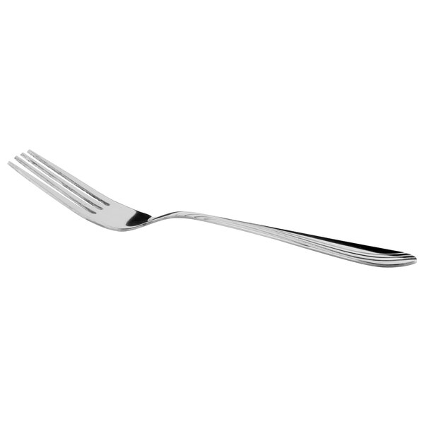 A close-up of a Libbey stainless steel dinner fork with a silver handle.