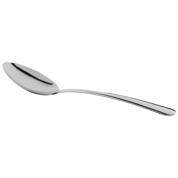 A close-up of a Libbey stainless steel dessert spoon with a silver handle.