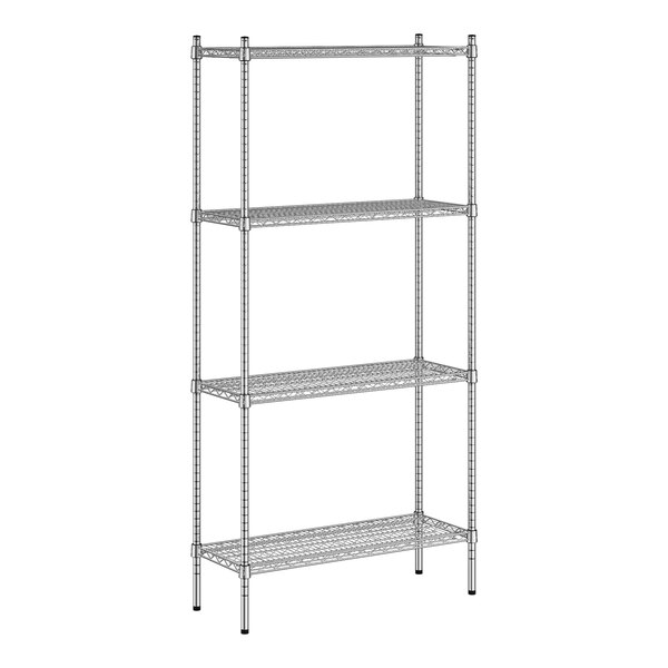 A wireframe of a Regency stainless steel wire shelving unit with four shelves.