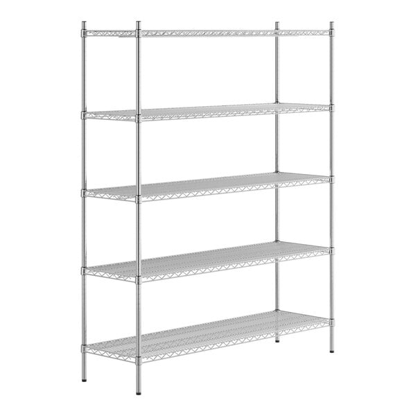 A Regency stainless steel wire shelving unit with five shelves.