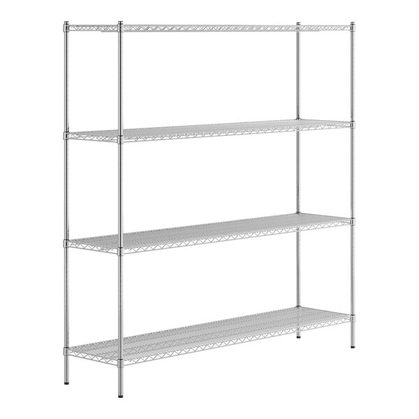 A silver metal Regency wire shelving unit with four shelves.