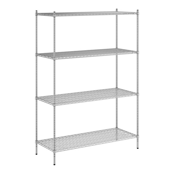 A Regency stainless steel wire shelving unit with four shelves.