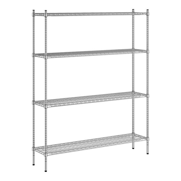 A wireframe of a Regency stainless steel wire shelving unit with four shelves.