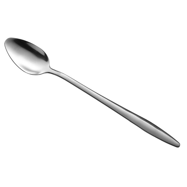 The handle of a Libbey stainless steel iced tea spoon with a silver finish.