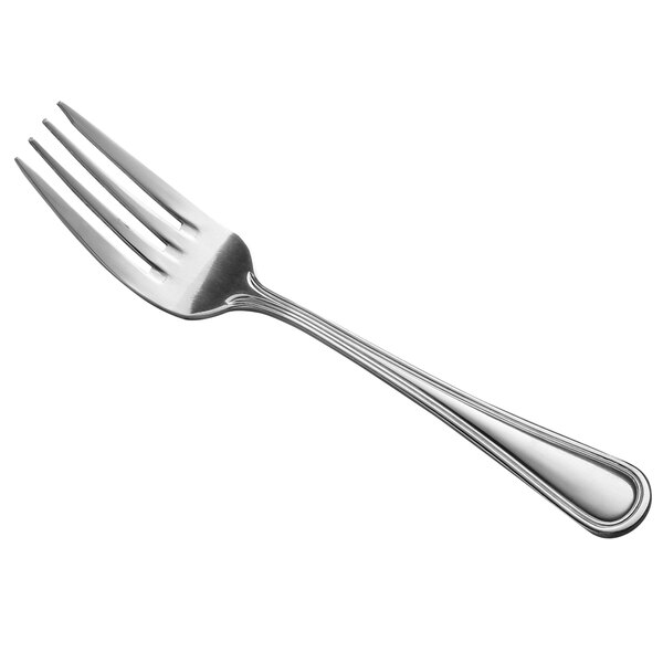 A close-up of a Libbey stainless steel salad fork with a silver handle.