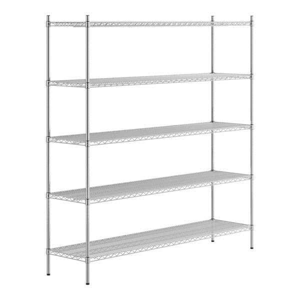 A Regency stainless steel wire shelving unit with five shelves.