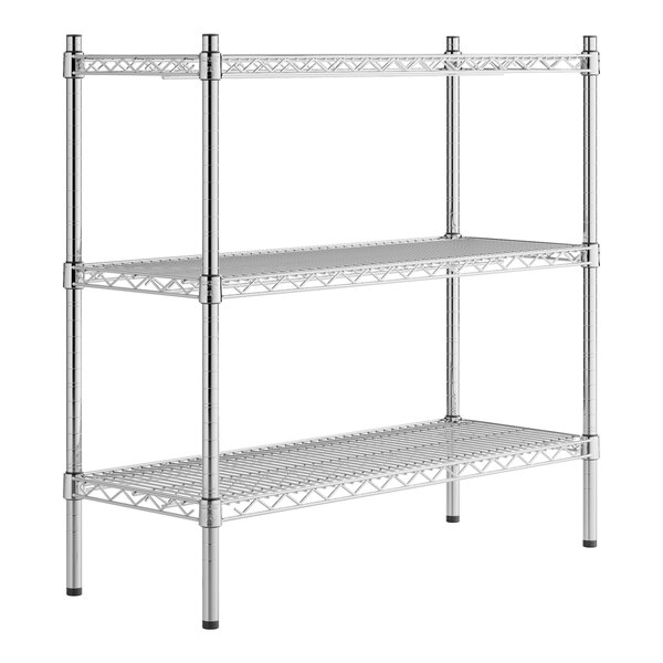 A silver metal Regency wire shelving kit with three shelves.