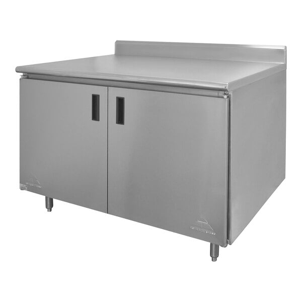 A stainless steel enclosed base work table with a fixed midshelf and backsplash.
