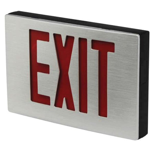 A close-up of a Lavex Thin Single Face Aluminum exit sign with red lettering.