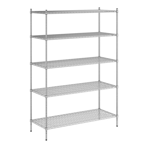 A wireframe of a Regency stainless steel wire shelving kit with four shelves.