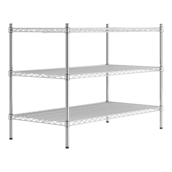 A silver metal Regency 3-shelf kit for wire shelving.