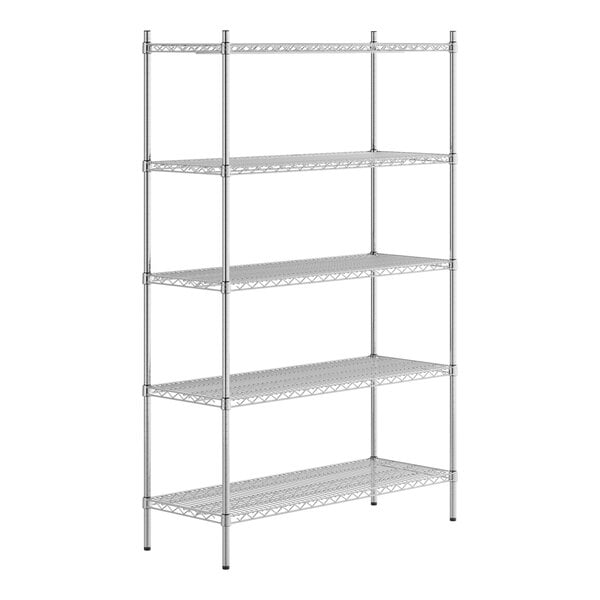 A Regency stainless steel wire shelving unit with five shelves.