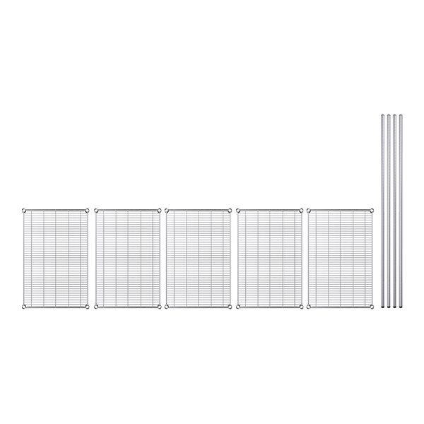 A row of metal shelves with a white background.