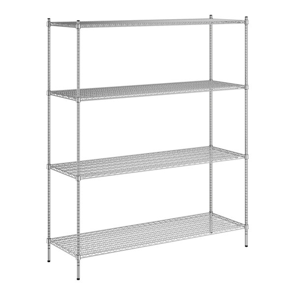 A wire shelving unit with four stainless steel shelves.