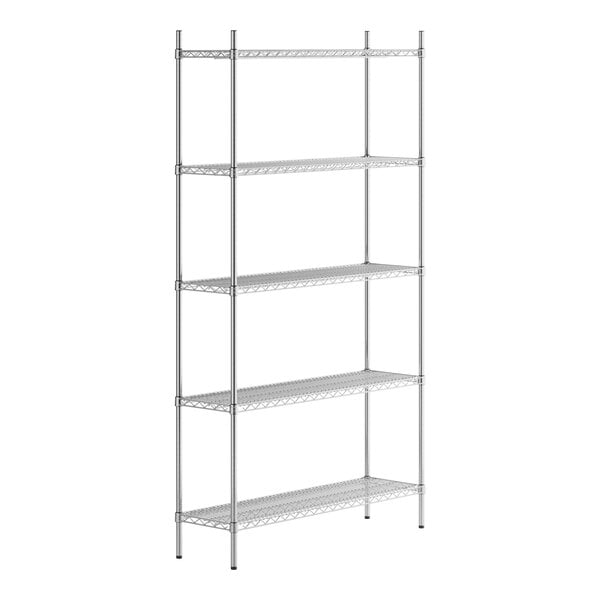 A Regency stainless steel wire shelving unit with five shelves.