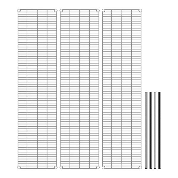 A close-up of several metal rods for a Regency stainless steel wire shelving kit.