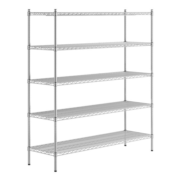 A Regency stainless steel wire shelving unit with five shelves.