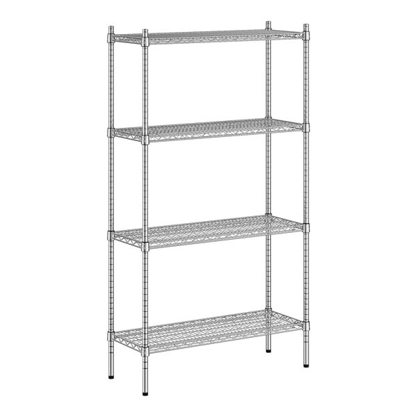 A wireframe metal shelving unit with four shelves.