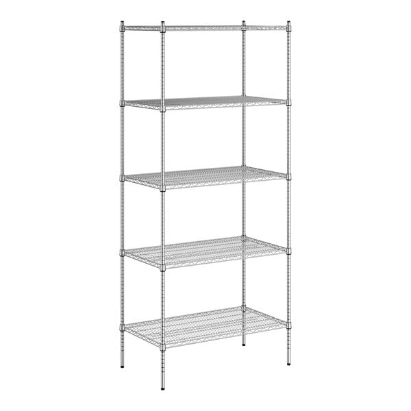 A wireframe of a Regency chrome wire shelving unit with four shelves.