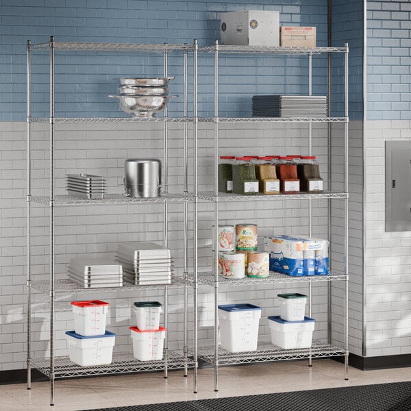 A metal wire shelving unit with food items on it.