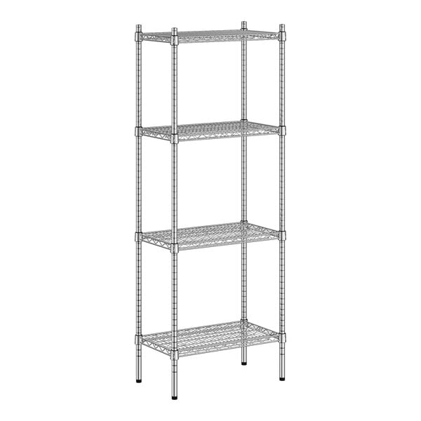 A wireframe of a Regency stainless steel wire shelving unit with four shelves.