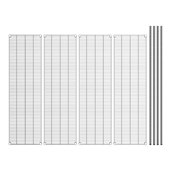 A row of wire mesh panels and metal bars forming a Regency stainless steel wire shelving unit.
