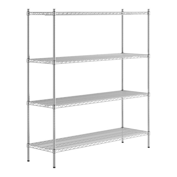 A Regency stainless steel stationary wire shelving unit with four shelves.