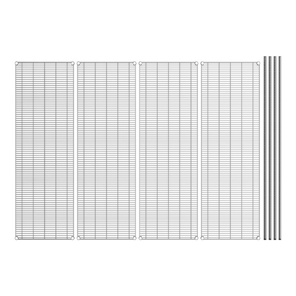 A stainless steel wire shelving kit with four shelves on a white background with black text.