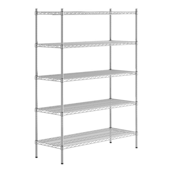 A silver Regency stainless steel wire shelving unit with four shelves.