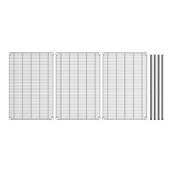 A white wire mesh grid shelf kit with metal rods.