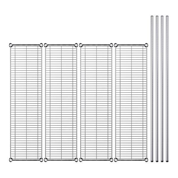 A row of four Regency stainless steel wire shelves with metal rods.