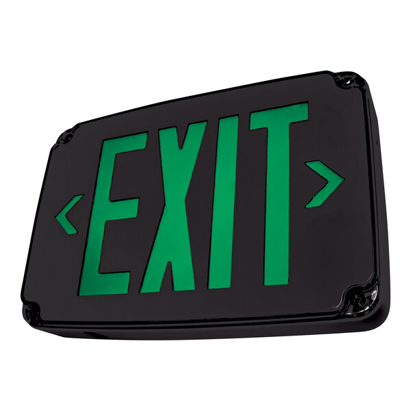 A black CLS double face exit sign with green lettering.