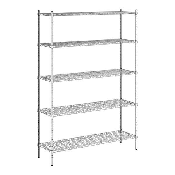 A wireframe of a Regency stainless steel wire shelving unit with five shelves.